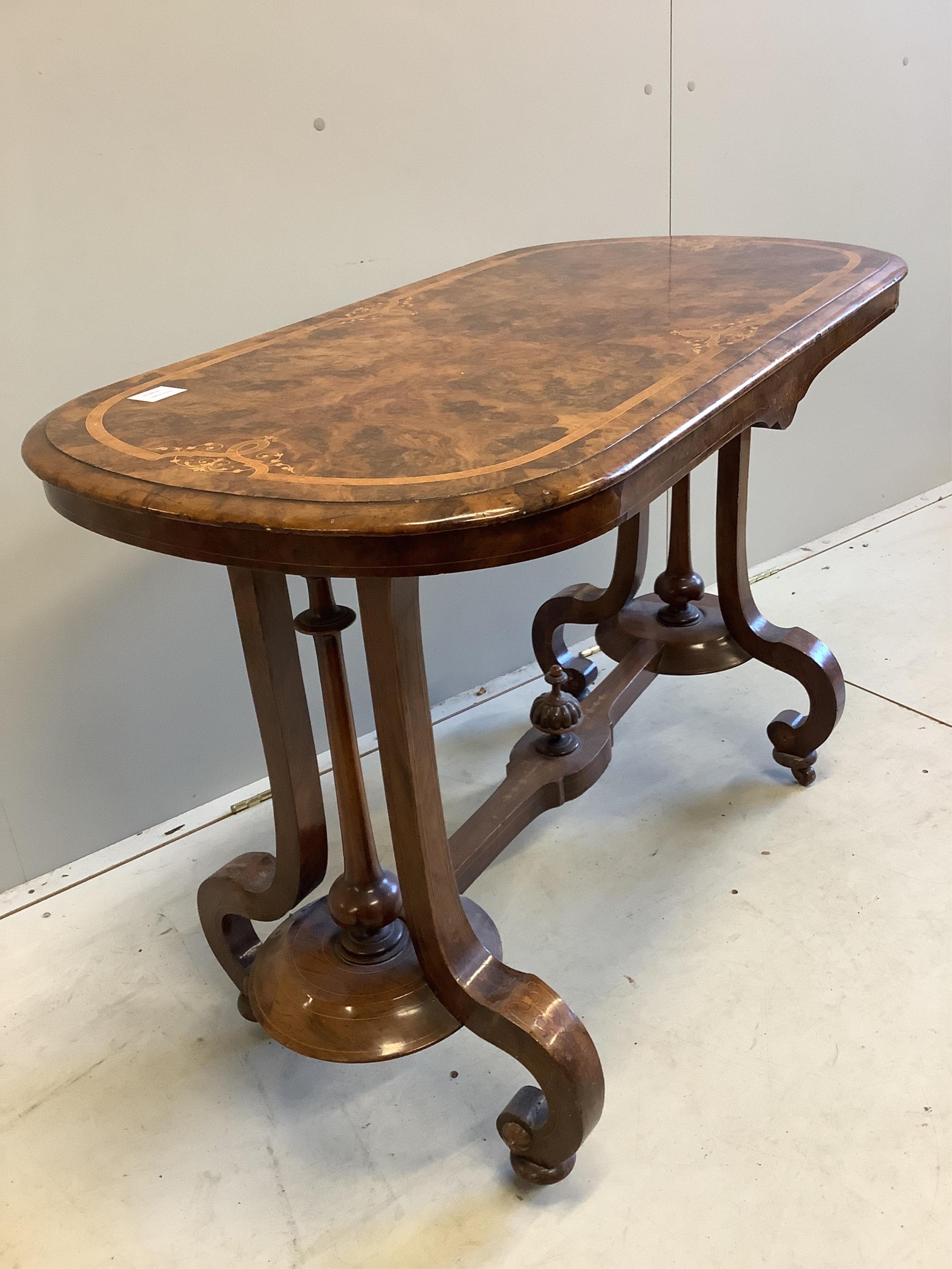 A Victorian inlaid burr walnut rectangular centre table, width 104cm, depth 54cm, height 72cm. Condition - fair to good